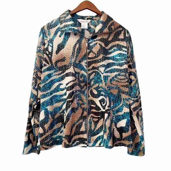 NWT Exclusively Misook Animal Print Full Zip Jacket Women’s Size Large Colorful - Picture 1 of 9